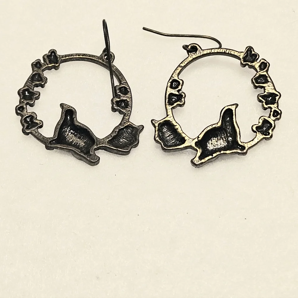 Antiqued Pewter-Tone Bird on Swing Pierced Dangle Earrings with Crystal Flowers